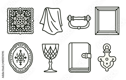 Home decor linear icon set. featuring lace, fabric, drawer pull, frame, tapestry, goblet, book, lamp symbols.