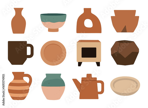 Kitchenware flat icon set. featuring vase, bowl, oven, mug, plate, jug, teapot, and pot symbols.
