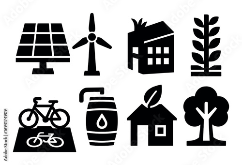 Eco-friendly silhouette icon set. featuring solar panel, wind turbine, green building, tree, and bicycle symbols.