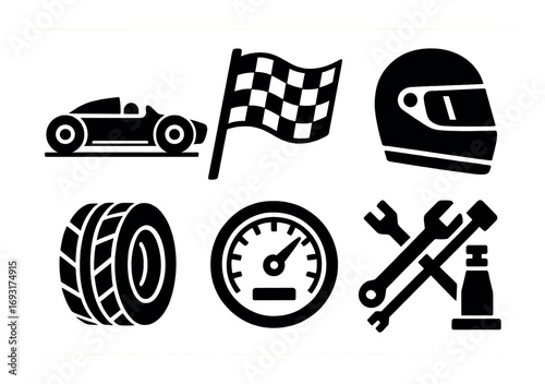 Racing silhouette icon set. featuring car, flag, helmet, tire, speedometer, wrench, and tool symbols.
