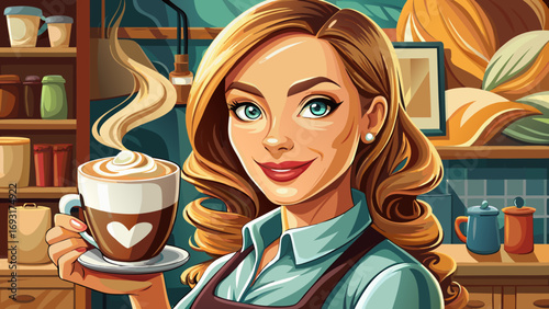 Close-up portrait of female barista holding latte with elegant smile. Isolated background highlights creativity, friendliness, and charm of café culture.