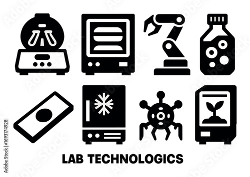 Laboratory technologies silhouette icon set. featuring centrifuge, incubator, robotic arm, microscope, and plant growth chamber.