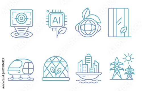 Technology and eco linear icon set. featuring ai, globe, plant, train, cityscape, and power line symbols.