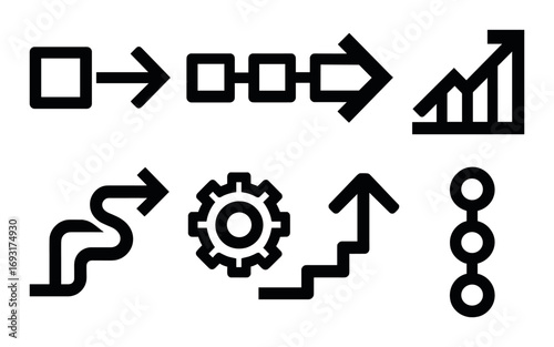 Business process silhouette icon set. featuring workflow, chart, gear, flowchart, and growth symbols.