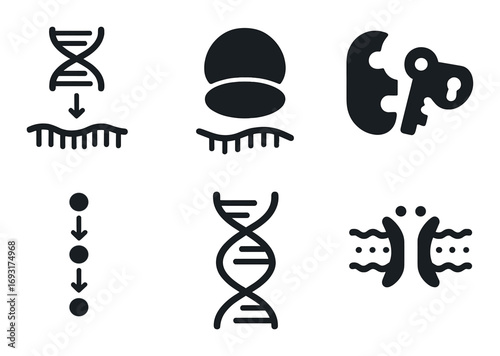 Genetics silhouette icon set. featuring dna, rna, cell, protein, genomic sequence, and mutation symbols.