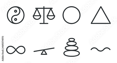 Balance and harmony linear icon set. featuring yin yang, scales, circle, triangle, infinity, seesaw, stones, wave.