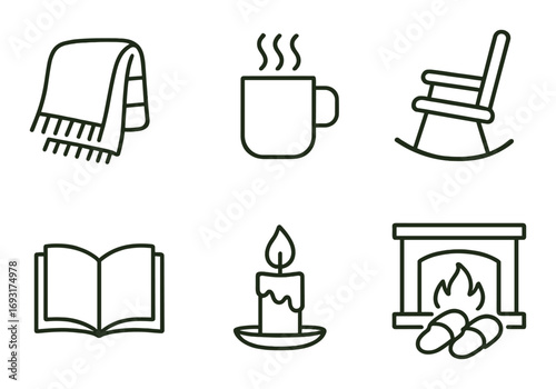 Cozy home linear icon set. featuring blanket, mug, rocking chair, book, candle, and fireplace symbols.