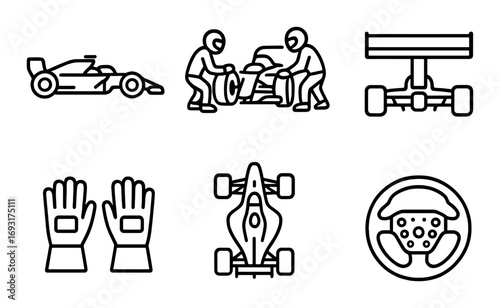 Racing linear icon set. featuring car, pit stop, spoiler, gloves, top view, cockpit.
