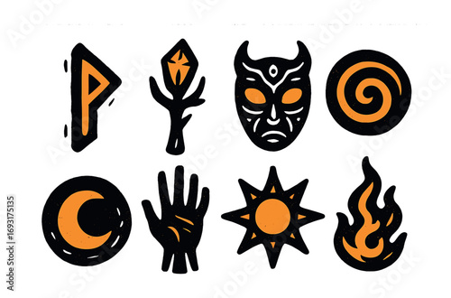 Mystical elements silhouette icon set. featuring rune, wand, mask, spiral, moon, hand, sun, and flame symbols.