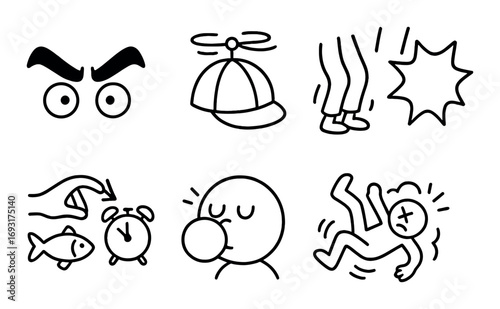 Emotions and actions linear icon set. featuring angry eyes, propeller hat, knees, crash, alarm clock, sleepy face, falling bear.