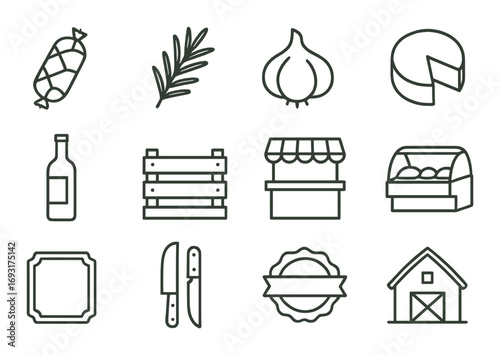 Farmers market linear icon set. featuring garlic, bread, cheese, wine, barn, olives, and basket symbols.