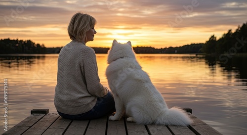 Woman with White Dog Sitting on Wooden Dock at Golden Sunset