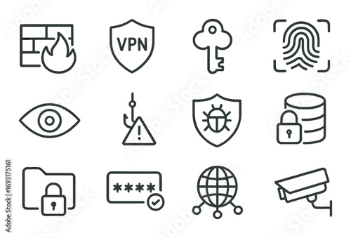 Cybersecurity linear icon set. featuring firewall, vpn shield, key, fingerprint, and camera symbols.