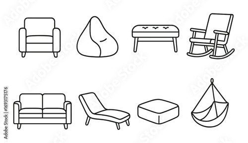 Furniture linear icon set. featuring armchair, bean bag, bench, rocking chair, sofa, chaise lounge, ottoman, hammock.