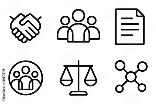 Business linear icon set. featuring handshake, team, document, networking, justice scale, and connection symbols.