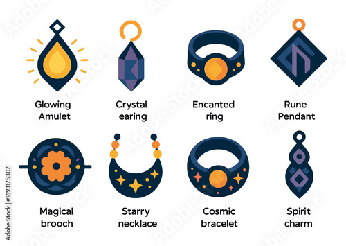 Mystical jewelry flat icon set. featuring amulet, earring, ring, pendant, brooch, necklace, bracelet, charm.