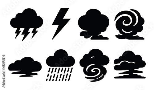 Weather silhouette icon set. featuring thundercloud, lightning, tree, tornado, wind, rain, storm, nuclear cloud..