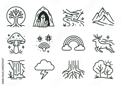Nature elements linear icon set. featuring tree, cave, river, mountains, mushroom, rainbow, and deer symbols..