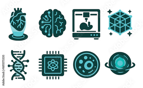 Medical and science silhouette icon set. heart, brain, 3d printing, dna, cpu, atom, cell, galaxy..