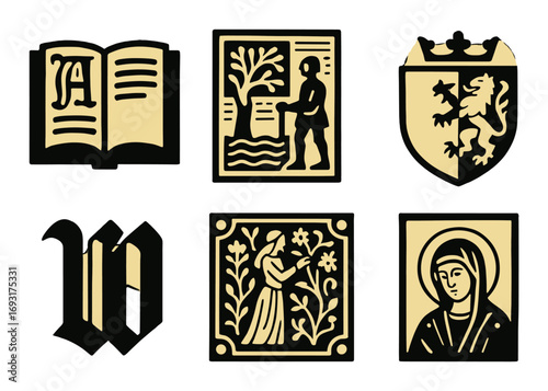 Medieval art silhouette icon set. featuring manuscript, nature, heraldry, typography, floral, and religious symbols.
