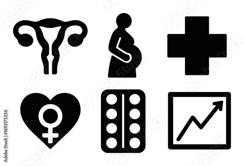 Healthcare silhouette icons set. featuring uterus, pregnancy, healthcare, heart, pills, and growth symbols.
