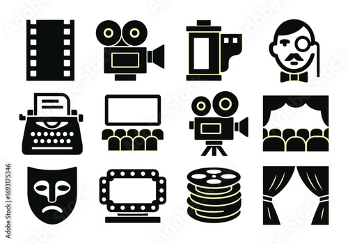 Theater and film silhouette icon set. featuring film, camera, projector, director, and stage symbols.