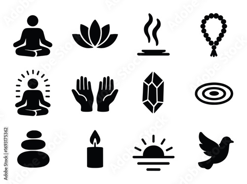 Meditation silhouette icon set. featuring lotus, incense, prayer beads, meditation poses, crystal, target, stones, candle, sunrise, dove.
