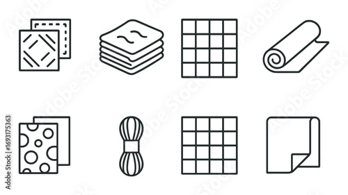 Construction materials linear icon set. featuring tiles, bricks, wood, insulation, and concrete symbols.