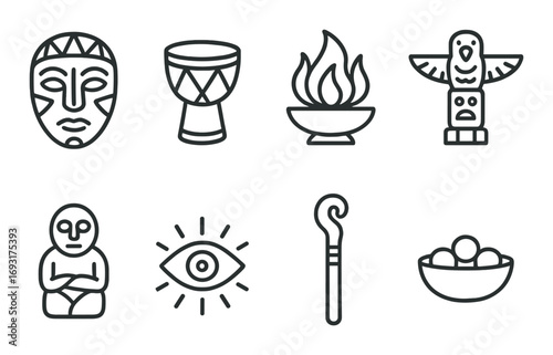 Tribal culture linear icon set. featuring mask, drum, fire, totem, statue, eye, staff, bowl symbols.