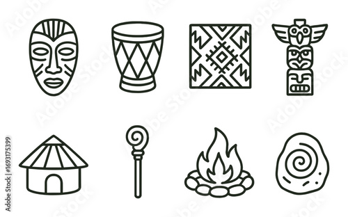 Cultural elements linear icon set. featuring mask, drum, textile, totem, hut, staff, fire, stone symbols.