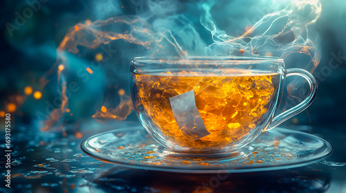 Tea Splash Explosion with Ice Cube – Energetic Abstract Illustration