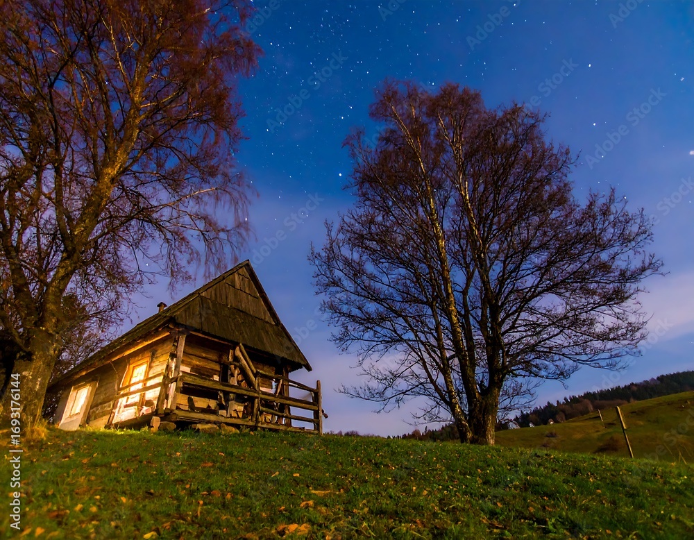Fototapeta premium Rustic cabin bathed in moonlight, under a starry night sky