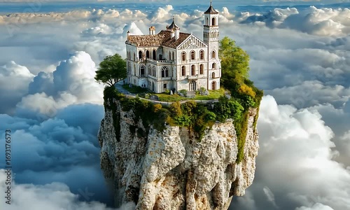 A fairytale castle floats on a cloud-kissed crag