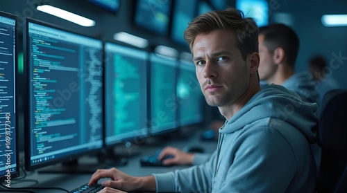 Focused Male Programmer Typing Code on Multiple Screens in High Tech Control Room for Cybersecurity