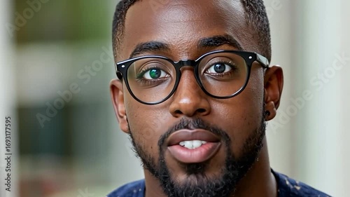 Young Man with Glasses Engaged in Conversation with Focused Expression in Indoor Setting