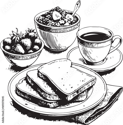 Breakfast with Toasts Oats Berries and Coffee Vector Illustration, Sketch Drawing Line Linear Symbol Icon Engraving Coloring Book, Hand-drawn Doodle Black and White Isolated