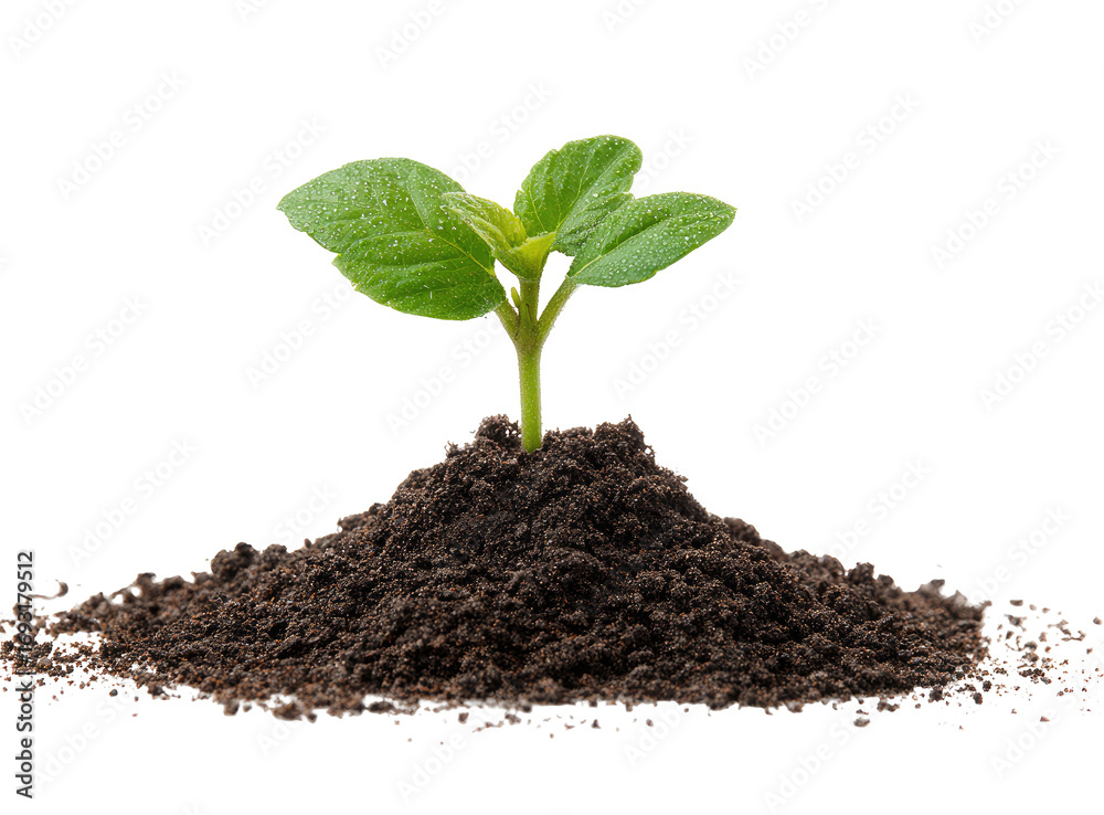 Fototapeta premium A small sprout emerging from a mound of dark soil. Fresh green leaves are visible