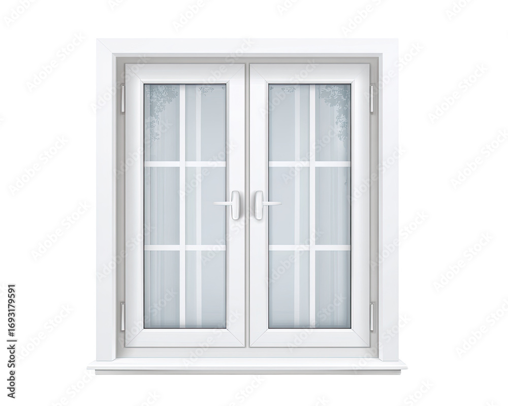 Fototapeta premium White double-hung window with frosted glass and curtains