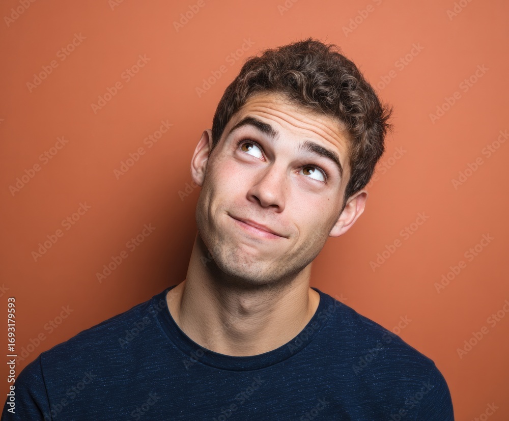 Fototapeta premium A young man gazes upward, his expression hinting at contemplation against a warm, terracotta backdrop.
