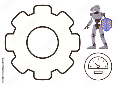Gear outline, robot holding shield, and gauge symbolizing automation, security, performance. Ideal for technology, innovation, AI, robotics security efficiency productivity simple flat metaphor