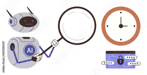 Robot labeled AI holding a magnifying glass alongside a clock and a secure login interface. Ideal for technology, AI, cybersecurity, time management, data analytics, automation, research. Minimalist