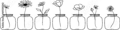 Minimalist floral line art with cosmetic jars for aesthetic design