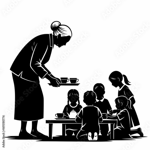 Winter male clothing icons vector art of grandmother serving tea to children sitting around a table vector