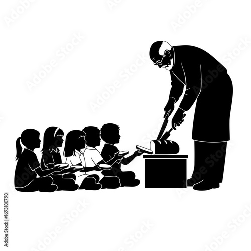 Winter male clothing icons vector art of man cutting bread for children sitting on floor vector