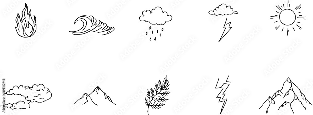 Fototapeta premium Minimalist line art elements of nature featuring fire, water, wind, and earth for design projects