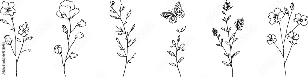 Fototapeta premium Minimalist line art collection featuring flowers and butterfly for aesthetic designs