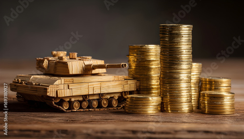 Wallpaper Mural On a wooden surface there is a model of a tank, next to it there are columns of gold coins Torontodigital.ca