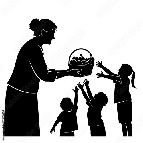 Winter male clothing icons vector art of silhouette of a woman giving fruit basket to children vector