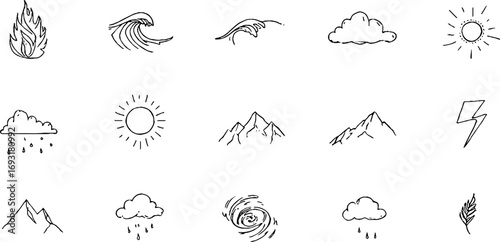 Minimalist line art elements of nature: flame, water, wave, and wind for design projects