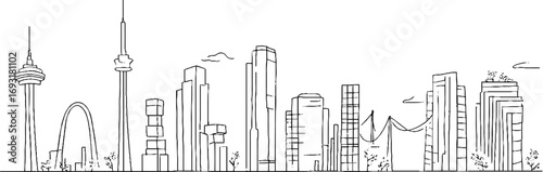 Minimalist line art silhouette of iconic city skyline with glass tower structures
